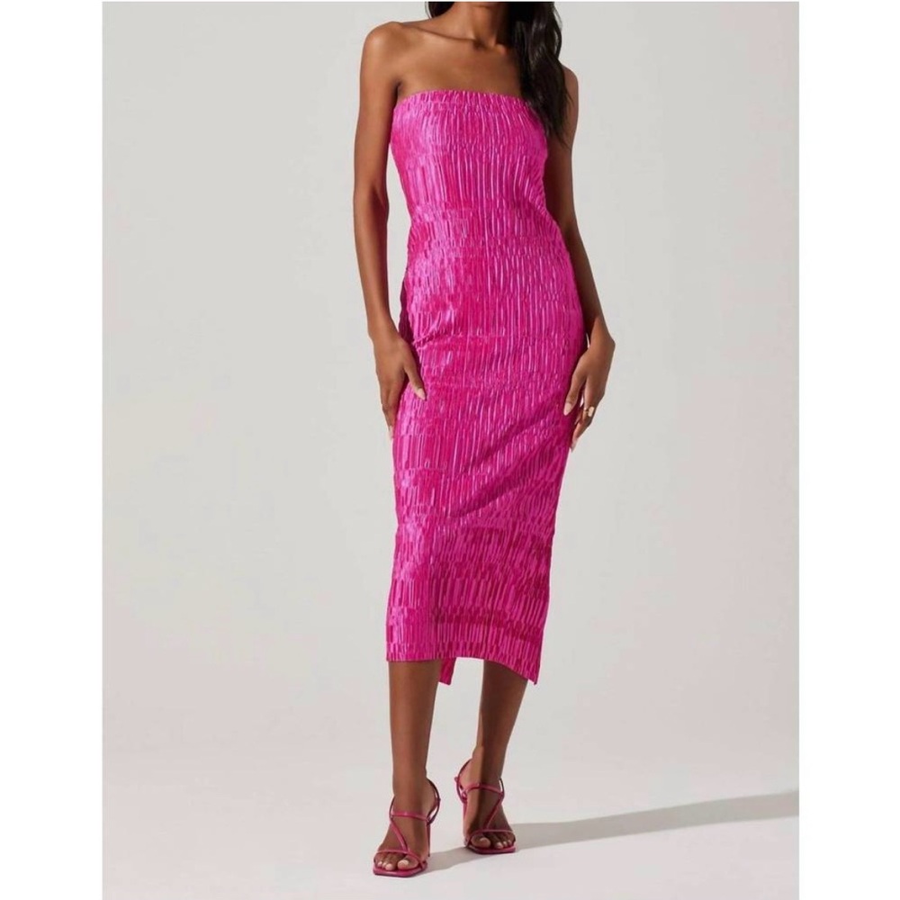 ASTR Reine Plisse Strapless Midi Dress Fuchsia Size Large NEW